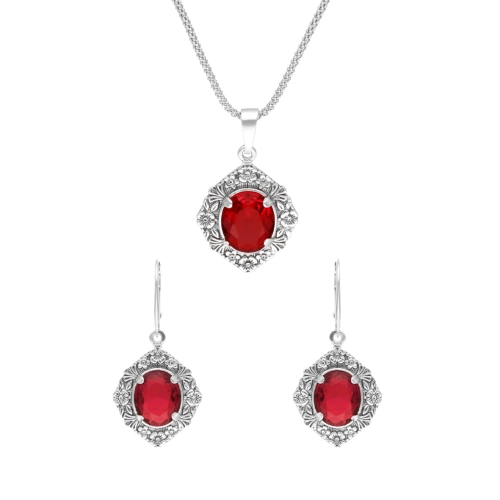 Komplet z czerwonymi cyrkoniami i motywem kwiatowym srebro