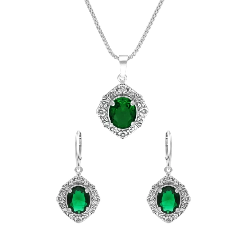 Komplet z zielonymi cyrkoniami i motywem kwiatowym srebro