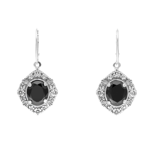 Kolczyki z czarnymi cyrkoniami i motywem kwiatowym srebro