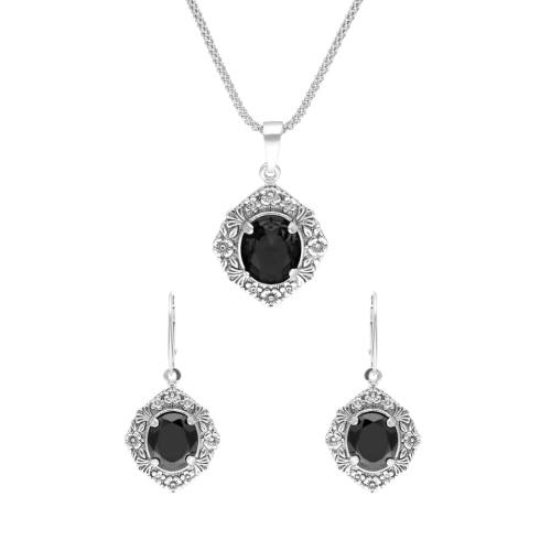 Komplet z czarnymi cyrkoniami i motywem kwiatowym srebro