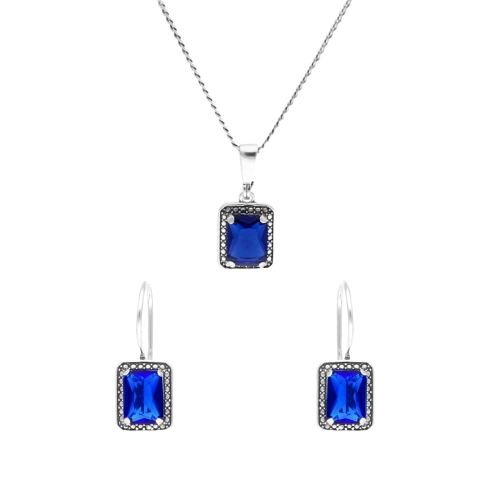 Komplet z prostokątnymi szafirowymi cyrkoniami srebro