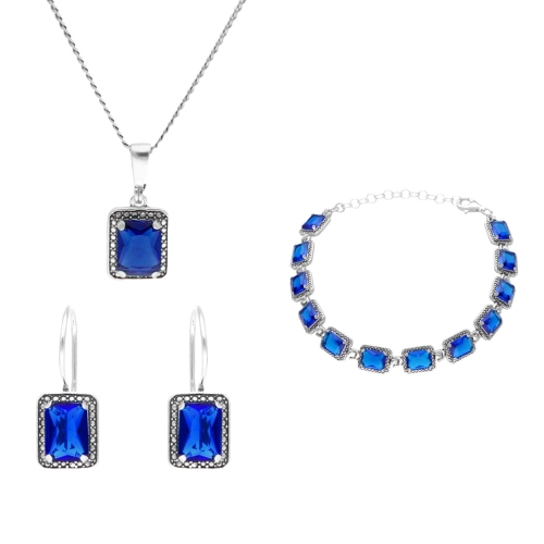 Komplet z prostokątnymi szafirowymi cyrkoniami srebro