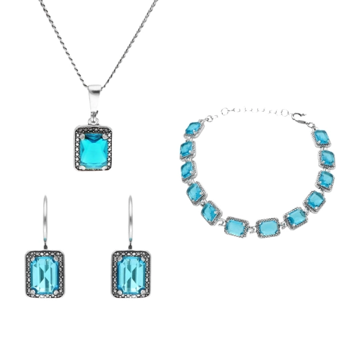 Komplet z prostokątnymi błękitnymi cyrkoniami srebro