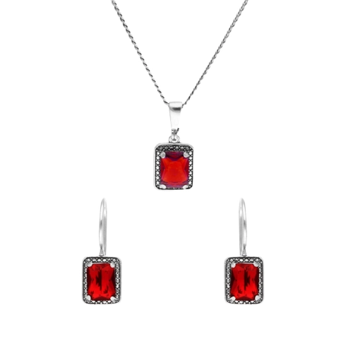 Komplet z prostokątnymi czerwonymi cyrkoniami srebro