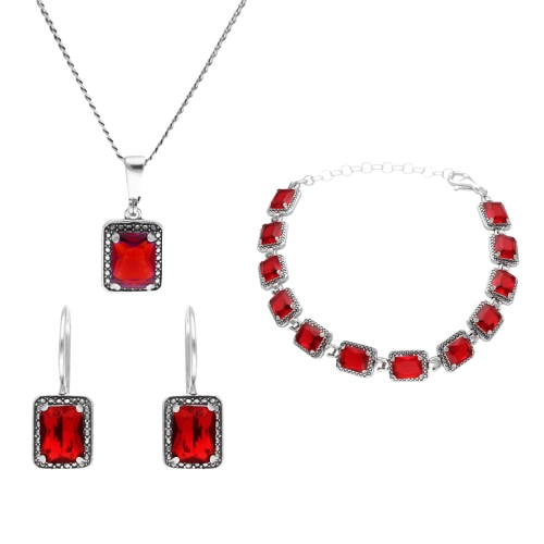 Komplet z prostokątnymi czerwonymi  cyrkoniami srebro