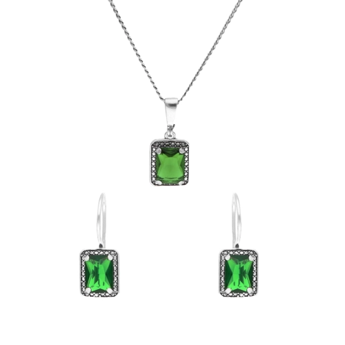 Komplet z prostokątnymi zielonymi cyrkoniami srebro
