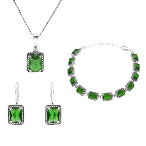 Komplet z prostokątnymi zielonymi cyrkoniami srebro