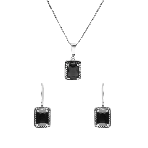 Komplet z prostokątnymi czarnymi cyrkoniami srebro
