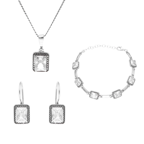 Komplet z prostokątnymi białymi cyrkoniami srebro