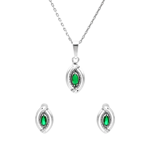 Komplet łezki z zielonymi cyrkoniami srebro