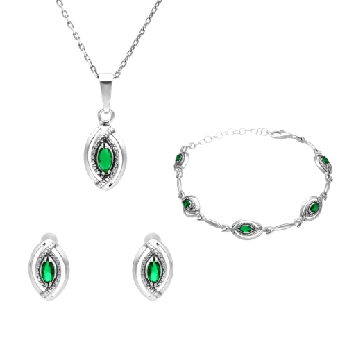 Komplet łezki z zielonymi cyrkoniami srebro