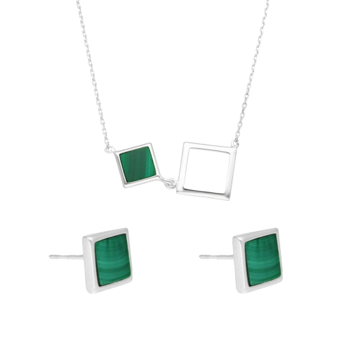 Komplet kwadrat z malachitem srebro rodowane