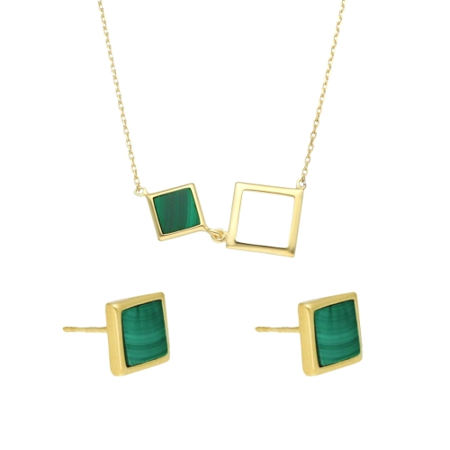 Komplet kwadrat z malachitem srebro pozłacane