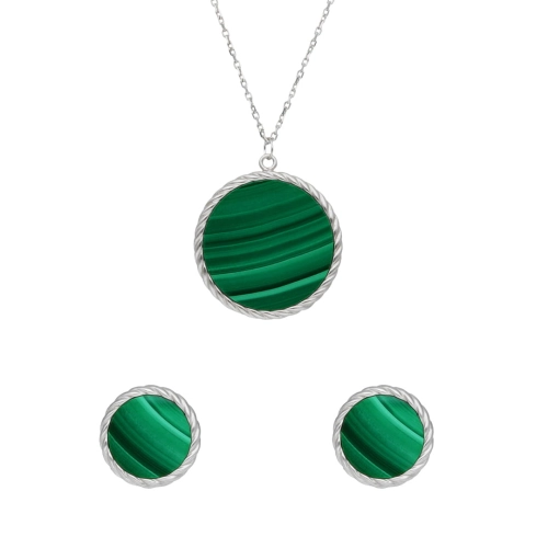 Komplet kółka z malachitem srebro rodowane