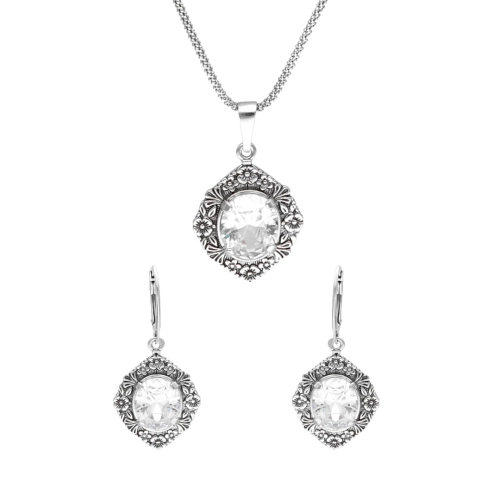 Komplet z białymi cyrkoniami i motywem kwiatowym srebro