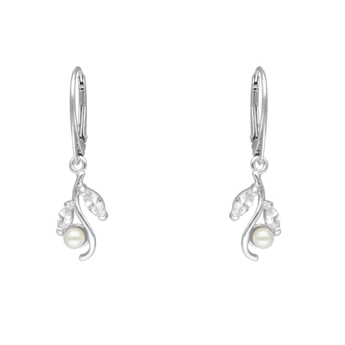 Kolczyki srebrne z perłą i cyrkoniami motyw roślinny