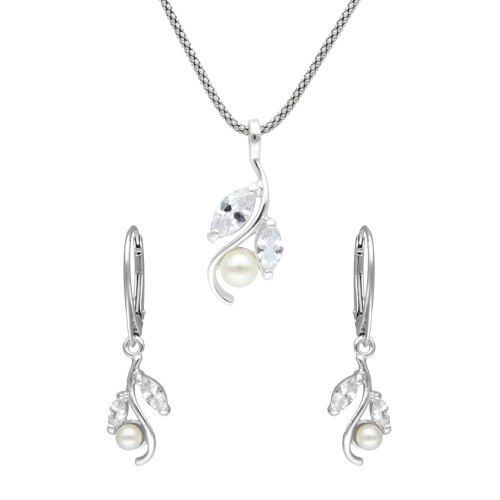 Komplet srebrny z motywem roślinnym z perłą i cyrkoniami