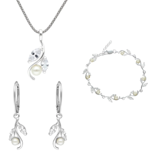 Komplet srebrny z motywem roślinnym z perłą i cyrkoniami