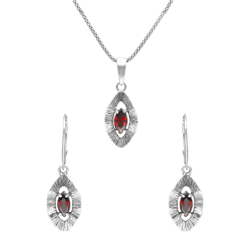 Komplet falowany z burgundowymi cyrkoniami srebro oksydowane