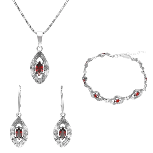 Komplet falowany z burgundowymi cyrkoniami srebro oksydowane