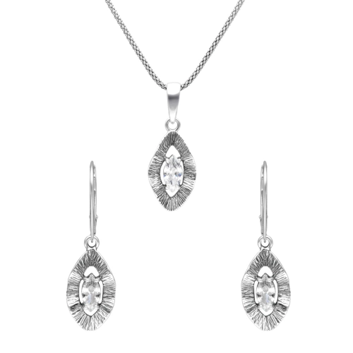 Komplet falowany z białymi cyrkoniami srebro oksydowane