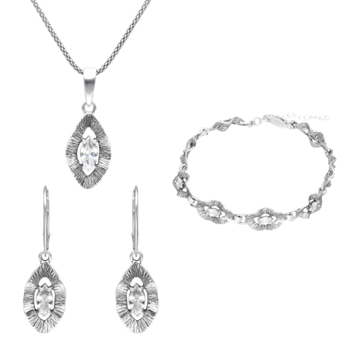 Komplet falowany z białymi cyrkoniami srebro oksydowane