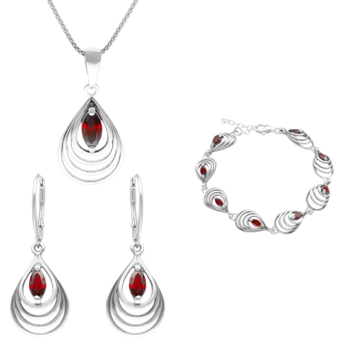 Komplet spiralne łezki z burgundowymi cyrkoniami srebro