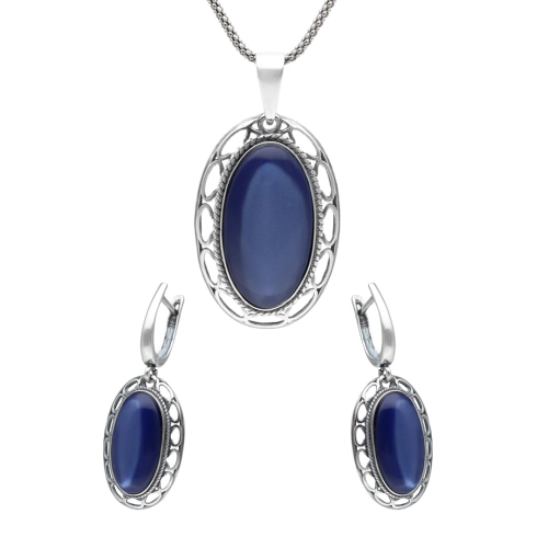 Komplet z owalną kobaltową masą perłową srebro oksydowane