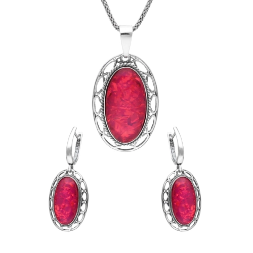 Komplet z owalnym opalem malinowym srebro oksydowane