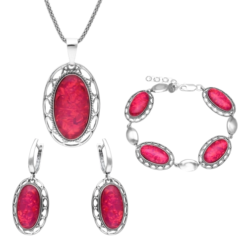 Komplet z owalnym opalem malinowym srebro oksydowane