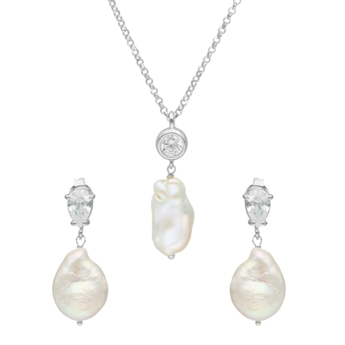 Komplet z perłą naturalną i cyrkonią srebro rodowane