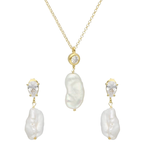 Komplet z perłą naturalną i cyrkonią srebro pozłacane