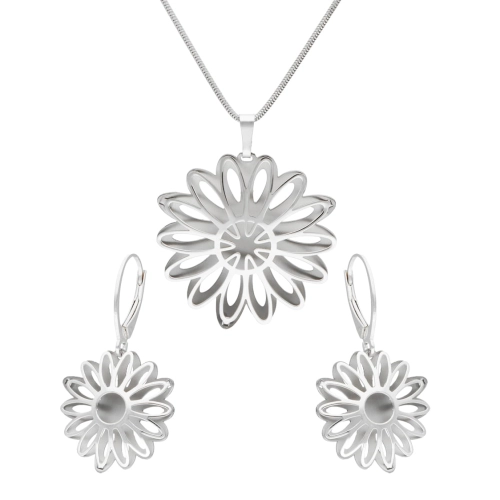 Komplet ażurowe kwiatki srebrny tytan i srebro rodowane