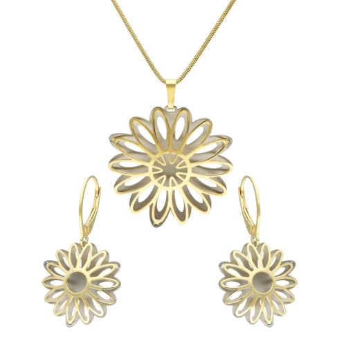 Komplet ażurowe kwiatki srebrny tytan i srebro pozłacane