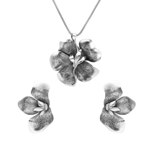 Efektowny komplet kwiaty srebro oksydowane