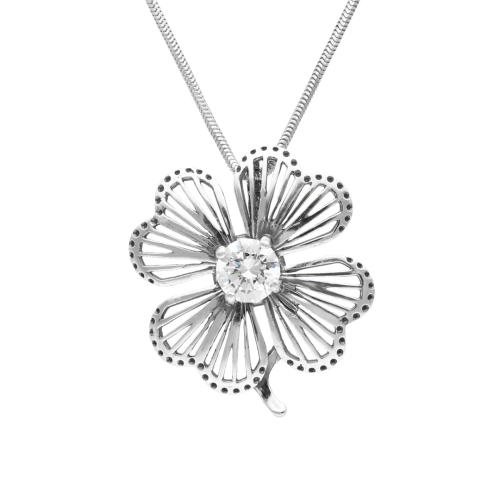 Wisior koniczyna z białą cyrkonią srebro oksydowane