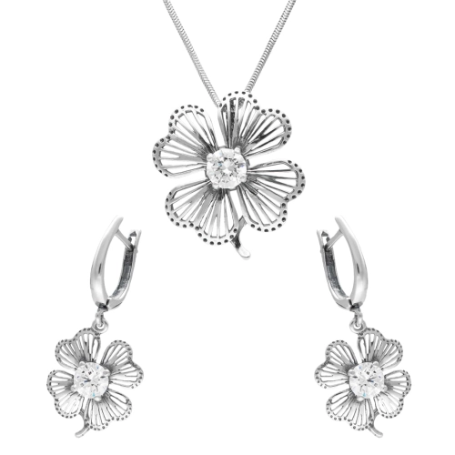 Komplet  koniczyna z białą cyrkonią srebro oksydowane