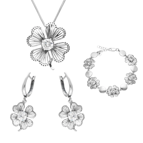 Komplet koniczyna z białą cyrkonią srebro oksydowane