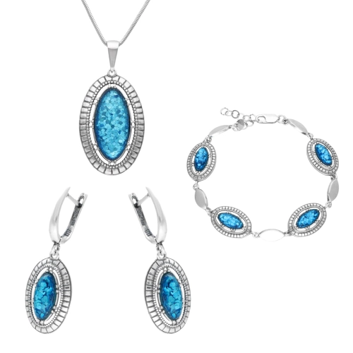 Komplet z owalnym opalem ognistym turkusowym srebro oksydowane