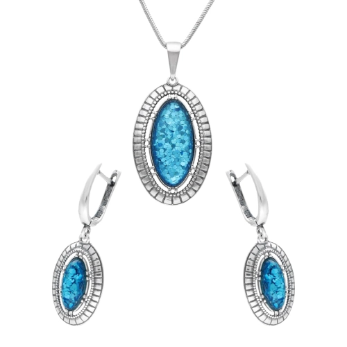 Komplet z owalnym opalem ognistym turkusowym srebro oksydowane