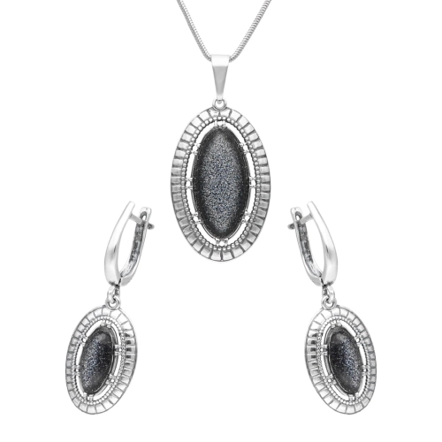 Komplet z owalnym kamieniem słonecznym multikolor srebro oksydowane