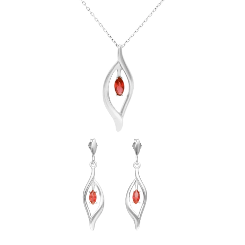 Komplet z rubinowymi cyrkoniami łezki srebro