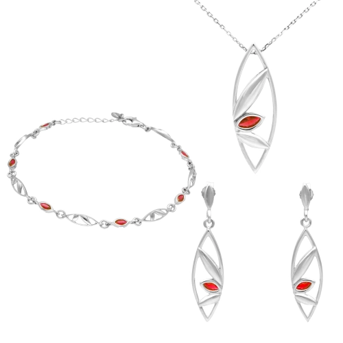 Komplet z rubinowymi cyrkoniami łezki srebro