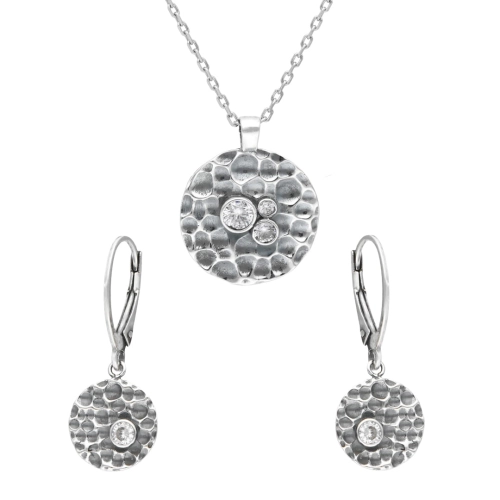 Komplet kółka młotkowane z białymi cyrkoniami srebro