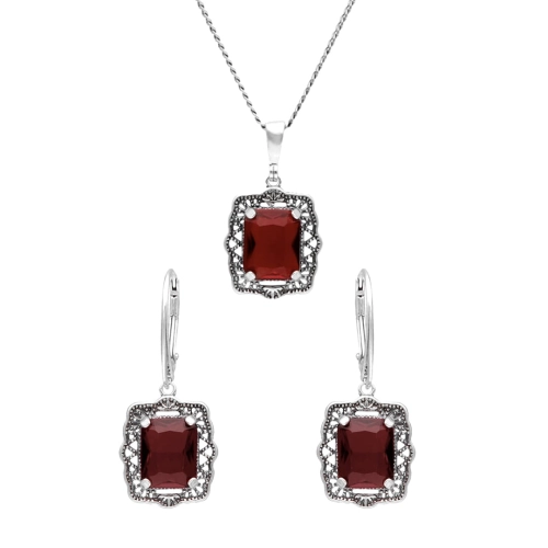 Komplet z burgundowymi cyrkoniami srebro
