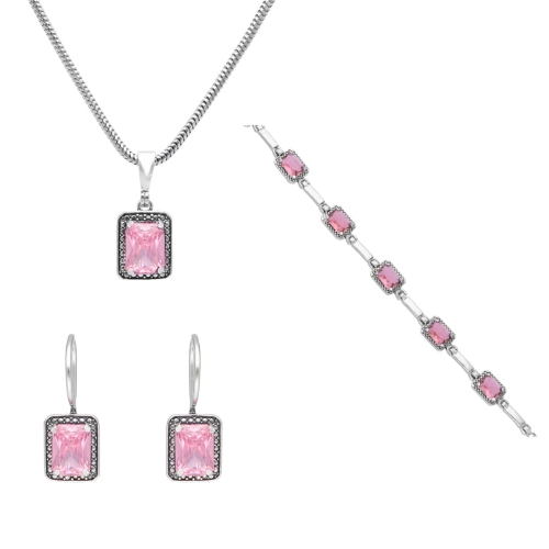 Komplet z prostokątnymi różowymi cyrkoniami srebro