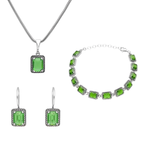 Komplet z prostokątnymi zielonymi cyrkoniami srebro