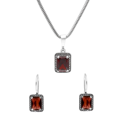 Komplet z prostokątnymi bordowymi cyrkoniami srebro