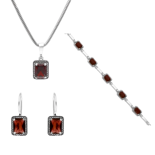 Komplet z prostokątnymi bordowymi cyrkoniami srebro