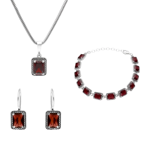 Komplet z prostokątnymi bordowymi cyrkoniami srebro